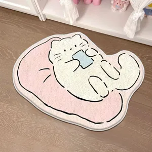 Cute irregular plush cat floor mat, soft non-slip bedside bedroom rug for home decor.