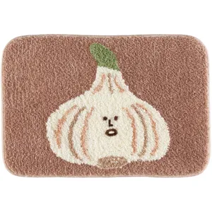 Cozy brown cashmere-feel floor mat with cute garlic design, perfect for bedroom or bedside use.