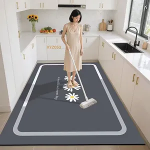Large kitchen floor mat, waterproof leather anti-slip mat with daisy pattern for home use.