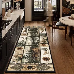 Rustic cabin kitchen runner rug, absorbent leather floor mat, non-slip home decor for hallway.