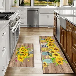 Sonnenblumen Küchenmatten Szene Detail, rustikales Holzdesign, rutschfestes saugfähiges Set.