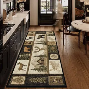 Kitchen runner rug with rustic bear and deer cabin motif non-slip waterproof floor mat