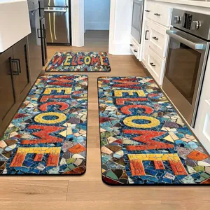 Küchen Fußmatten Set, buntes Mosaik Design, wasserdichte Lederteppiche, rutschfeste Hausedecke