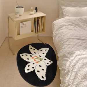 Faux cashmere floral bedroom rug black white flower anti-slip bedside mat home decor