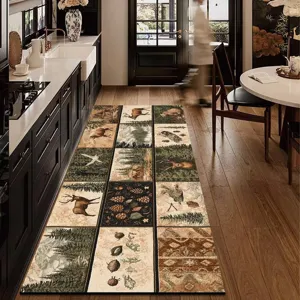 Rustic forest deer pattern long runner rug displayed in a cozy modern kitchen hallway scene.