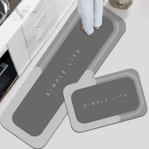 Detail view of grey diatomaceous earth kitchen mat set, absorbent and non-slip floor mats.