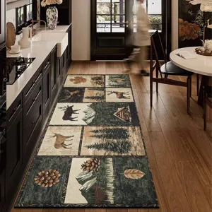 Kitchen runner rug with rustic forest cabin and deer design, non-slip waterproof floor mat.