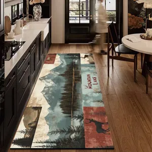 Kitchen runner rug with mountain and forest pattern, waterproof non-slip leather floor mat for home.