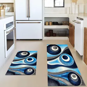 Bohemian kitchen rug two-piece set, non-slip abstract blue floor runner and mat for indoor use.
