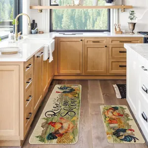 Two-piece kitchen rug set farmhouse rooster non-slip absorbent floor mat runner for home