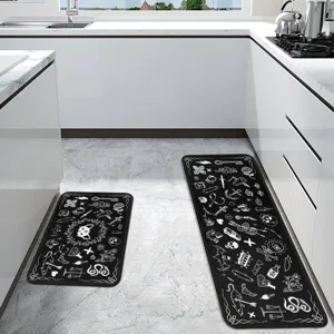Schwarze Gothic Küchenmatten Set, rutschfeste, saugfähige Läufer und Fußmatte für Zuhause.