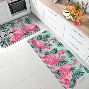 Non-slip kitchen floor mat set of two featuring vibrant flamingo and tropical leaf print.
