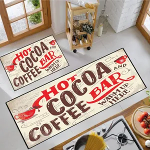 Nordisches Küchenmatte Set, rutschfeste Bodenmatte und Türvorleger mit Kaffeebar Motiv.