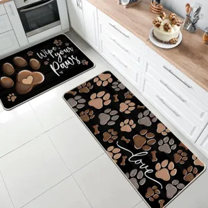 Kitchen floor mat set non slip absorbent retro paw print design two piece rug set home