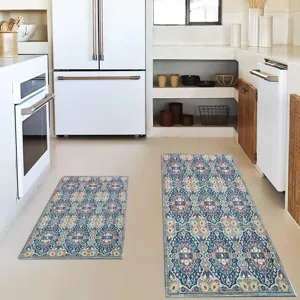 Bohemian kitchen rug set, non-slip runner and floor mat details for home decor, stain resistant.