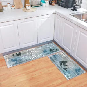 Kitchen rug set, vintage wooden plank beach mermaid non-slip absorbent floor mats