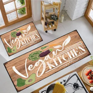Skandinavisches Küchenmatten-Set Detail mit Holzoptik und hübschen Gemüsemotiven.
