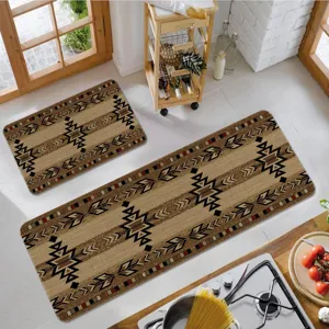Vintage kitchen floor mat set of two with retro geometric pattern, anti-skid absorbent rug.
