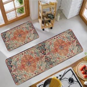Vintage kitchen rug set detail view, retro floral runner and floor mat for home decor.