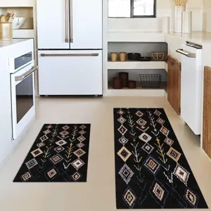 Detail view of black bohemian kitchen rug set featuring geometric patterns for kitchen floor.