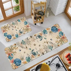 Kitchen floor mat set 2 pieces coastal marine theme non-slip absorbent rugs for home decor
