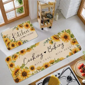 Sunflower kitchen mat detail, absorbent non-slip floor runner set for home cooking area decor.