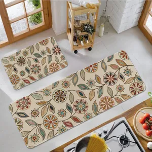 Vintage floral kitchen rug set of 2, non-slip absorbent floor mats for home and cooking area.