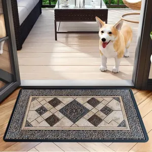 Detailed view of 3D embossed diatomaceous earth door mat with vintage tile pattern for home use.