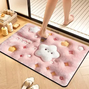 Pink fluffy cartoon star bath mat, absorbent non-slip floor rug for bathroom doorway.