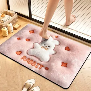 Pink 3D cute rabbit plush bath mat, soft non-slip absorbent floor carpet for bathroom.