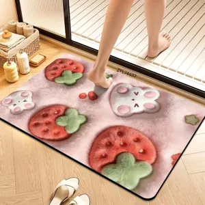 3D cartoon strawberry rabbit bath mat, non-slip absorbent flannel floor mat for bathroom.