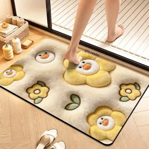 Close up detail of 3D plush flower bath mat, absorbent non-slip floor mat for bathroom.