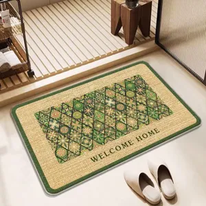 Detailed view of the woven bathroom floor mat featuring a geometric pattern and green border.