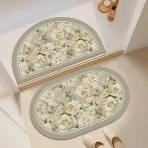 Vintage floral bathroom mat set, anti-slip sage green door rug, absorbent home decor floor mat.