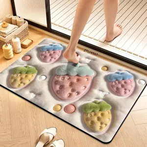 Non-slip 3D plush strawberry bath mat, absorbent diatom mud floor rug for bathroom doorway.