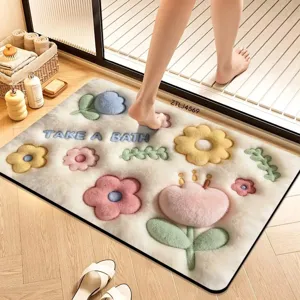Cute 3D floral bathroom floor mat, absorbent non-slip soft plush rug for home door use.