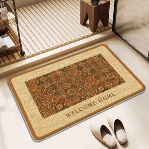 Detailed view of absorbent anti-slip bathroom mat with retro mosaic pattern and welcome text.