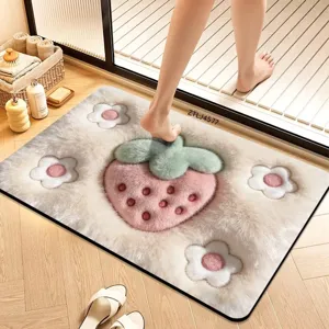 Fluffy 3D strawberry bath mat detail showing soft plush texture and cute flower patterns.
