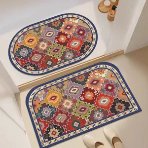 Detailed view of bohemian geometric patterned bathroom floor mats set in a modern home setting.