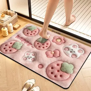 Cute strawberry cartoon bath mat, soft fluffy non-slip absorbent floor rug for bathroom.