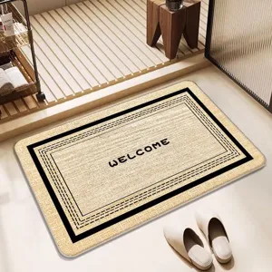 Non-slip absorbent linen weave bathroom floor mat, quick-drying home entrance welcome rug.