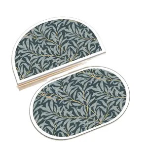 Non-slip absorbent bathroom floor mat set, oval and half-circle shapes with elegant leaf print.