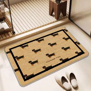 Linen weave bathroom floor mat with cute dachshund pattern, non-slip absorbent quick dry rug.