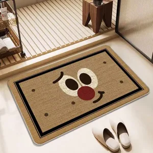 Non-slip absorbent bath mat with cute biscuit face design, ideal for home bathroom floors.
