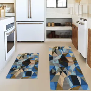 Kitchen floor mat detail view showing geometric pattern bohemian style two piece rug set.
