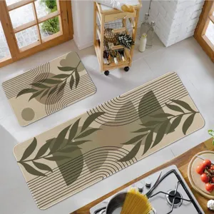 Retro kitchen floor mat 2-piece set, absorbent non-slip botanical leaf runner rug.