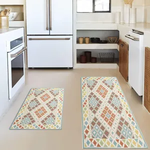 Bohemian kitchen mat set detail, geometric pattern runner and accent rug for home floor.