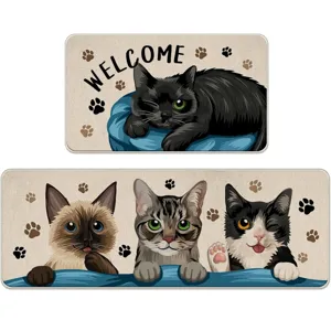 Kitchen mat set featuring cute cartoon cats and welcome text, non-slip absorbent floor mat.