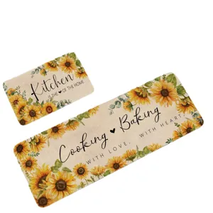 Two-piece kitchen mat set with vintage sunflower design, absorbent, non-slip floor rugs for home.