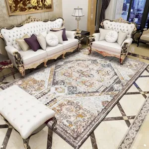 Tapis de salon luxueux style persan vintage ethnique, velours cristal doux et antiderapant.